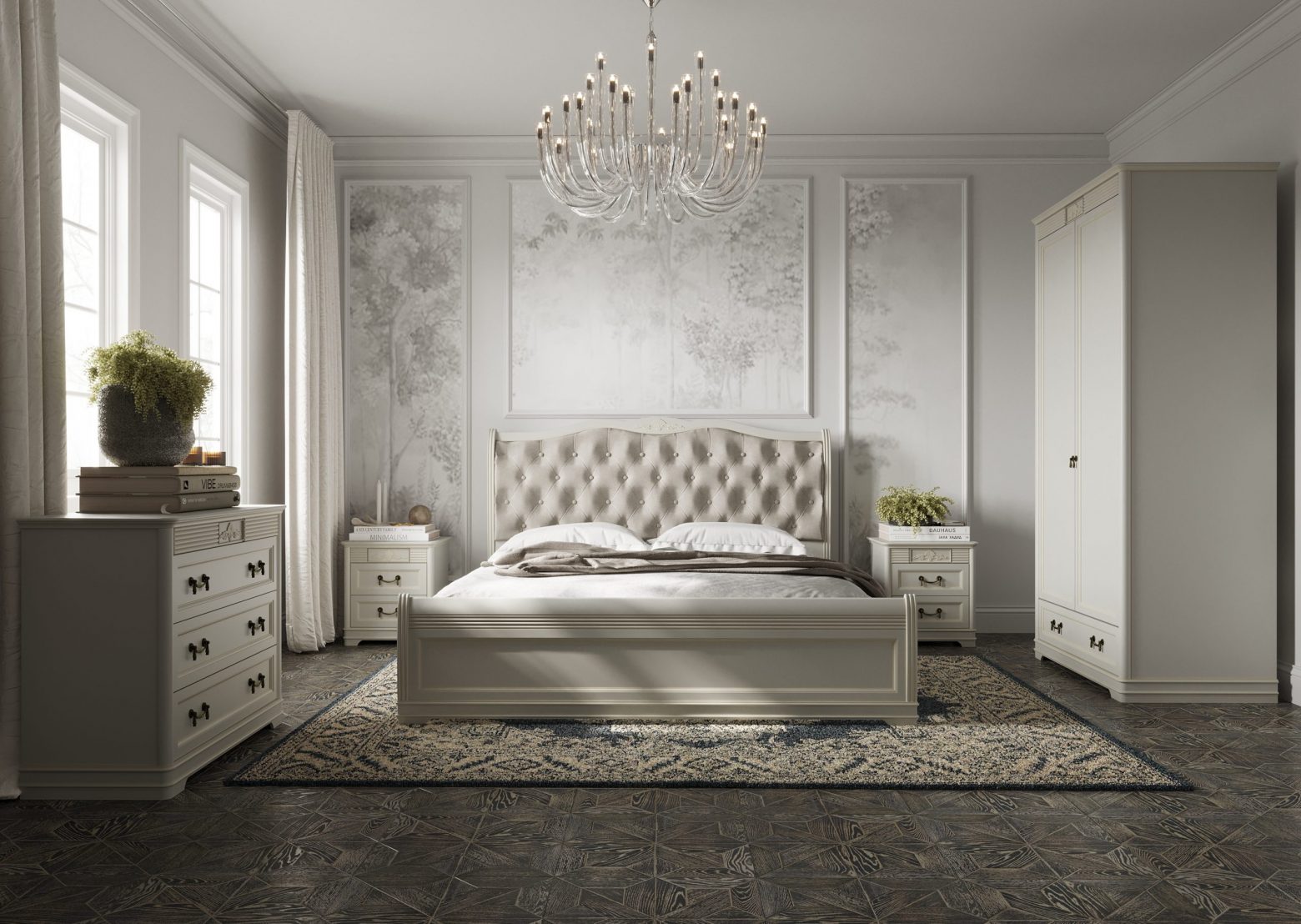 Спальня Тоскана Италконцепт - кровать с классическим резным изголовьем в светлом цвете