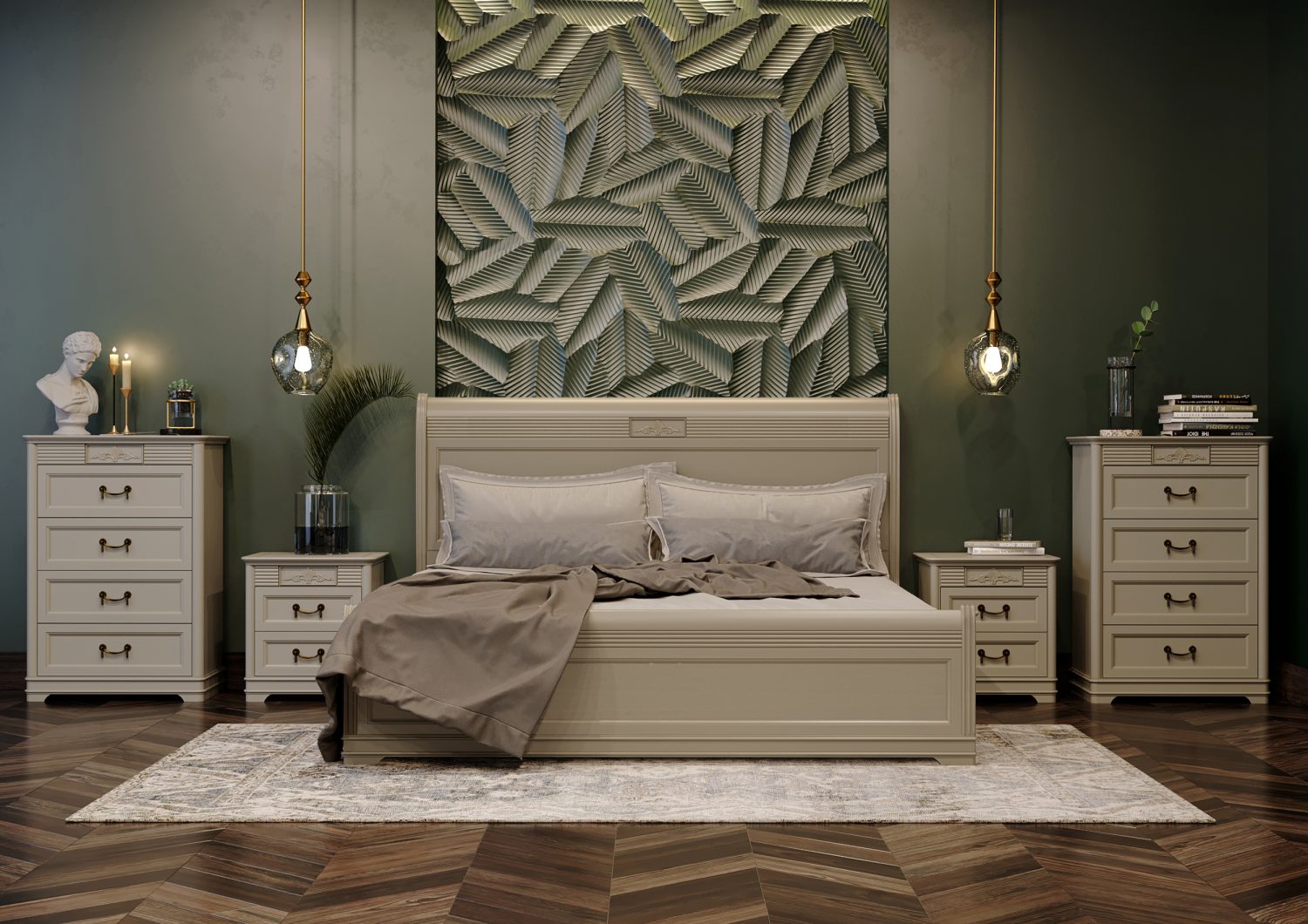 Кровать с твердым деревянным изголовьем, изножье на цоколе. Спальня Тоскана от торговой марки Италконцепт