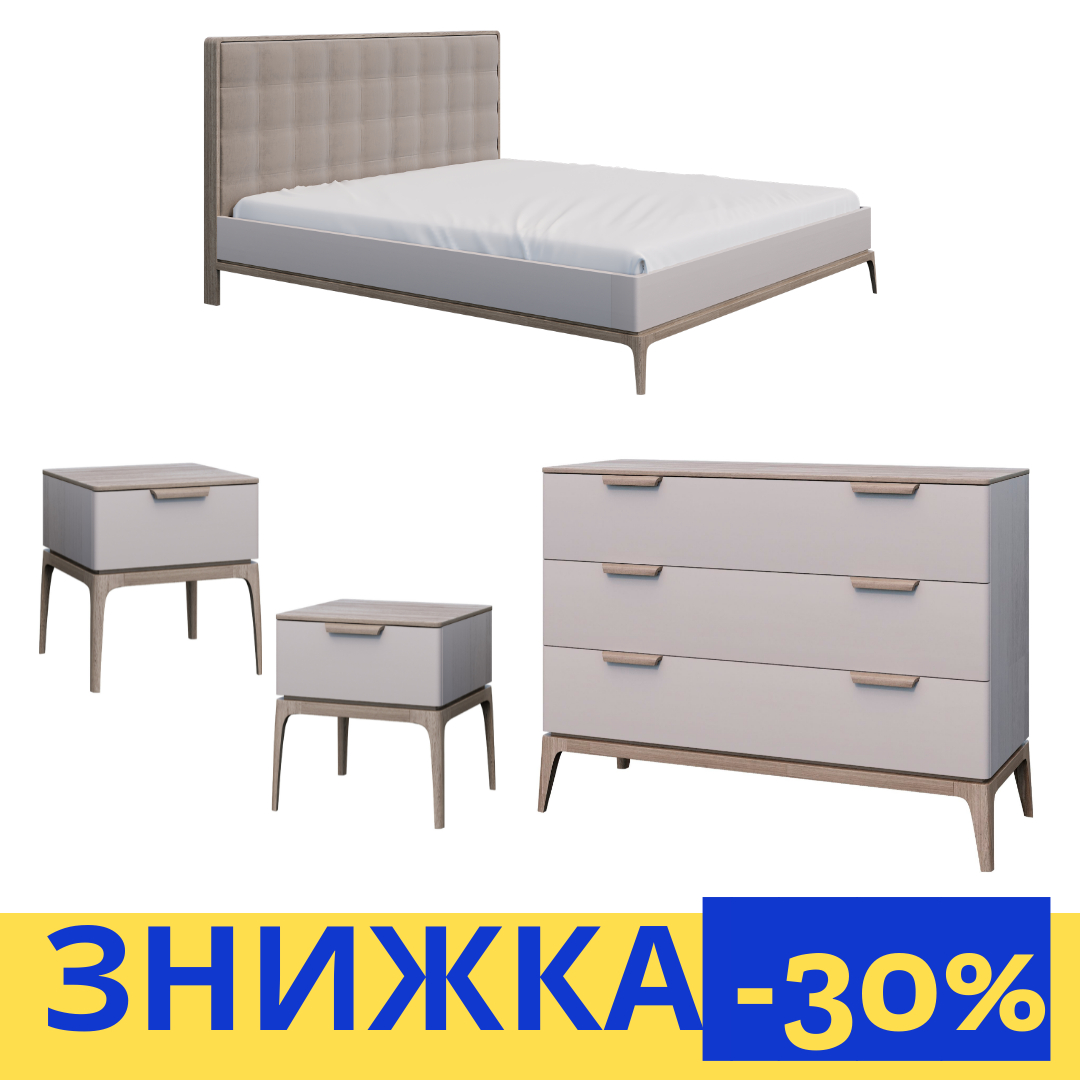 MEDEA Комплект (Ліжко 1,4/комод/тумби (2 шт)). Масив дерева ясен та шпон дуба Напрямні з дотягами прихованого монтажу.